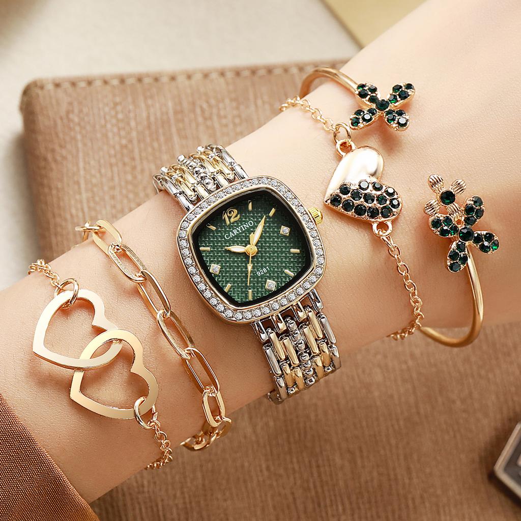 Women's Green Disc Diamond Square Quartz Watch Love Element Bracelet Multi-piece Set Suitable for Dating Shopping