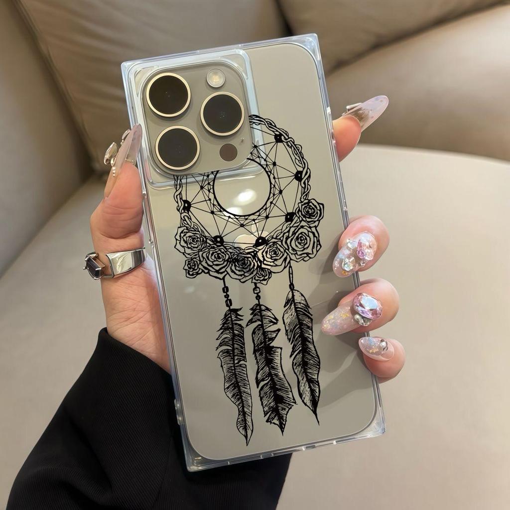 Clear Square Back Tube Case Protection For iPhone 12 15 Plus 11 14 Pro Max 13 16 ProMax Anti-Oxygen,Black Floral Feather Wreath Pattern Casing