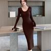 Autumn and Winter New Slim Fit Base Knitted Sexy Dress Women Elegant Mid Length V-neck Sweater Dress Women Solid High Waist Casual Party Dresses 25956