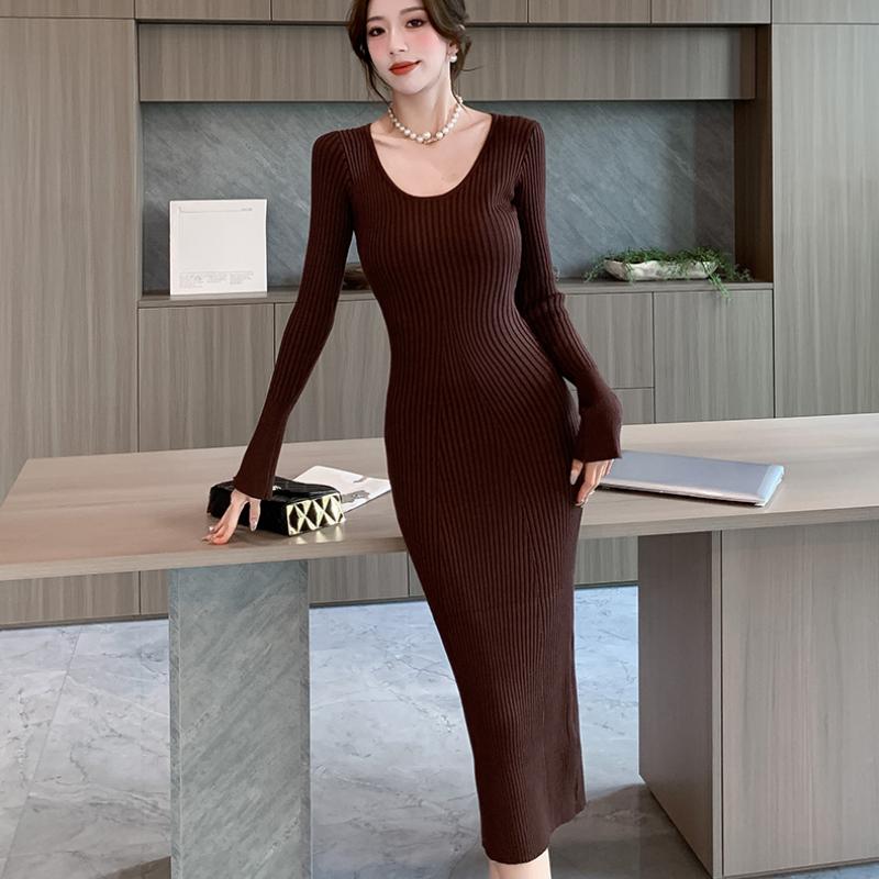 Autumn and Winter New Slim Fit Base Knitted Sexy Dress Women Elegant Mid Length V-neck Sweater Dress Women Solid High Waist Casual Party Dresses 25956