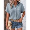 Women lapel collar crinkle textured short sleeve shirt solid multi color loose fit beach casual button down blouse