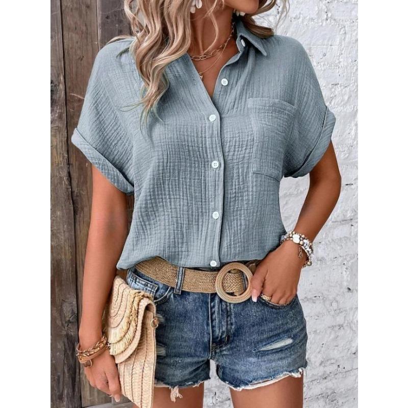 Women lapel collar crinkle textured short sleeve shirt solid multi color loose fit beach casual button down blouse