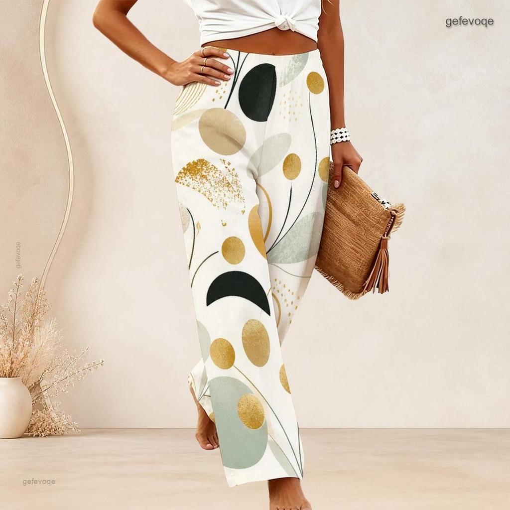 Women Plus Size Loose Wide Leg Long Pants Exquisite Gem Star Print Elastic High Waist Casual Trousers For Daily Beach Vacation Wear