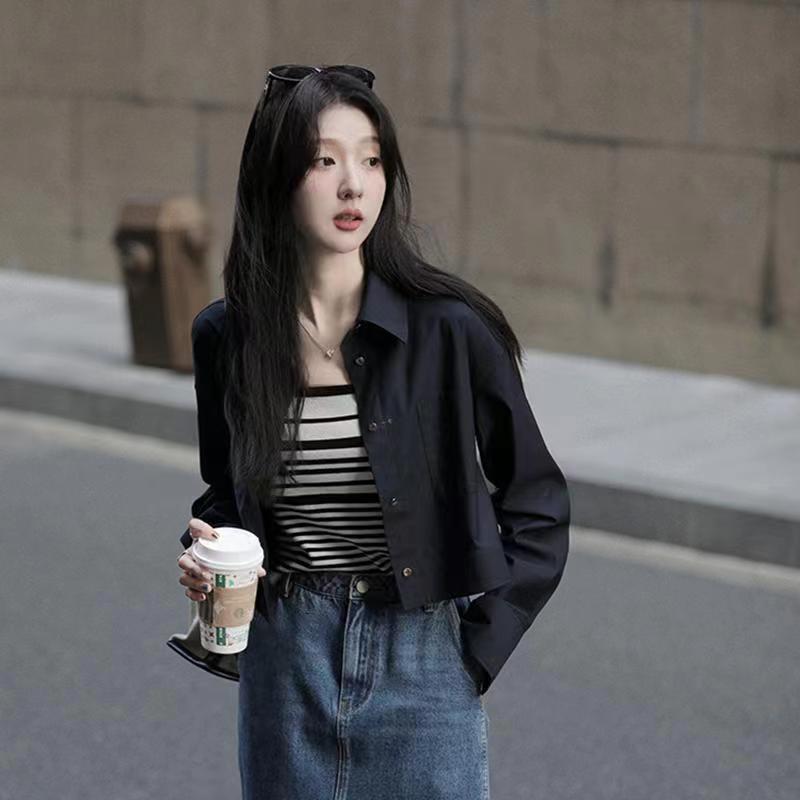 Women White Cropped Shirts Streetwear Female Long Sleeve Coats Casual Button Tops
