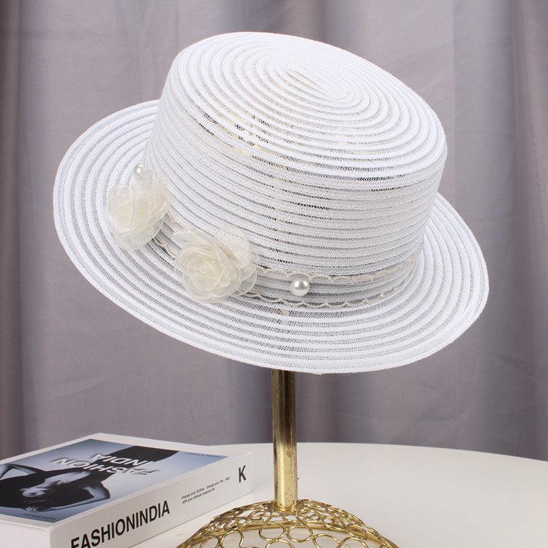 Transparent Straw Hat for Women Summer Beach Shade and Sun Protection Sun Hat Fashionable Temperament Floral Flat Top Hat