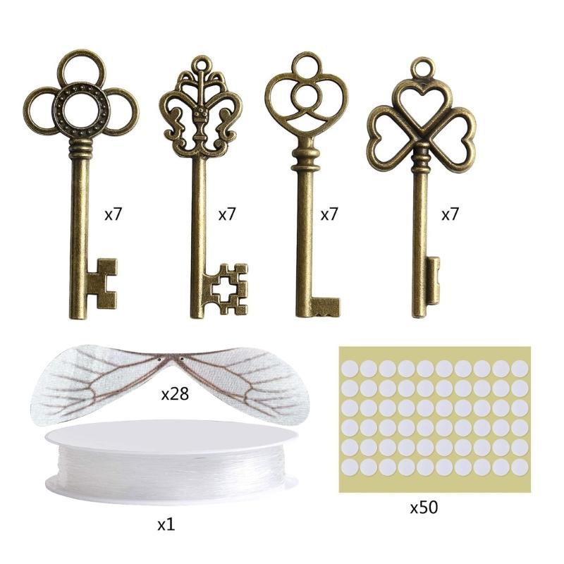 Fashion Flying Keys Charms with 28x Dragonfly Wings Exquisite Skeleton Keys for DIY Craft Jewelry Making Necklace Decor