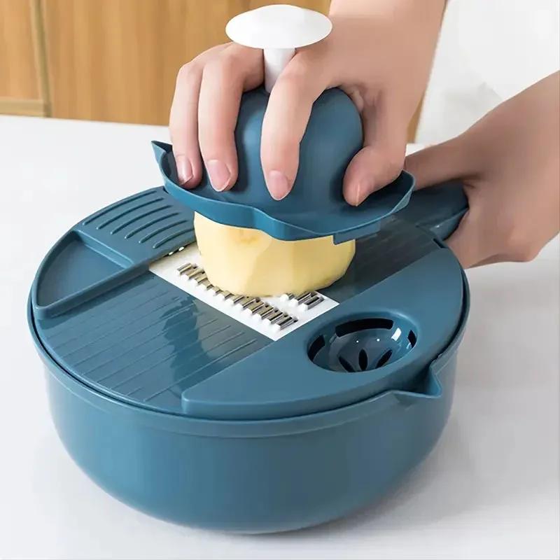 9 in 1 Multi-functional Vegetable Chopper Carrots Potatoes Manually Cut Shred Slicer Radish Grater with Container Kitchen Tools