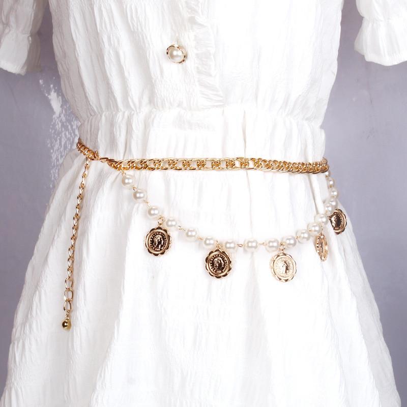 Vintage Coin Pendant Body Chain With Pearl For Unisex Fashion Accessory