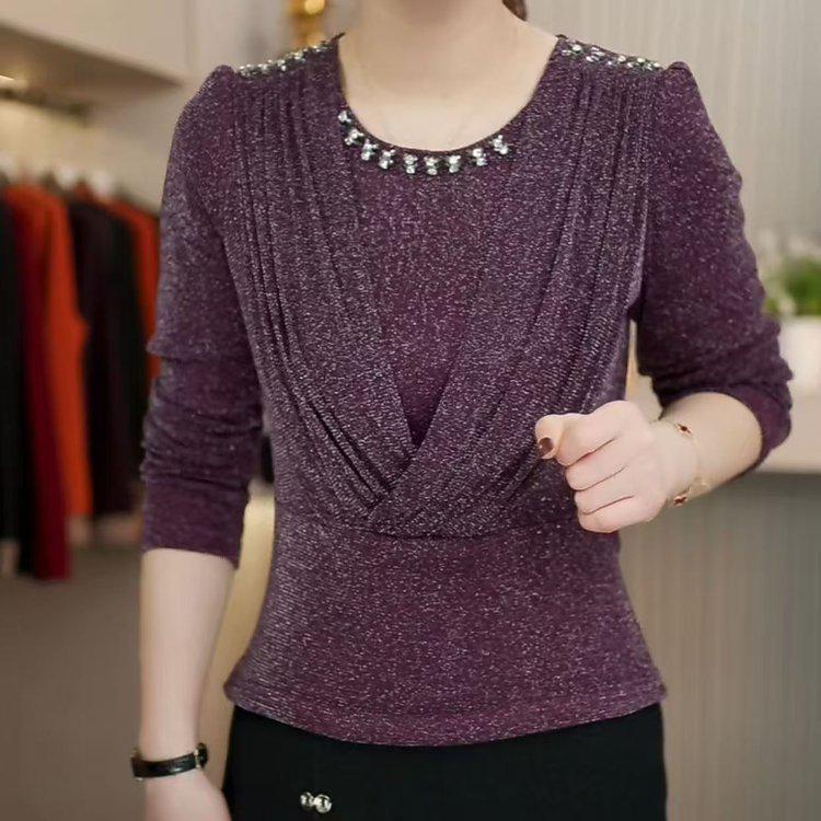 

Women s Elegant Bead-Embellished Long-Sleeve Fleece-Lined Base Layer Top, Round Neck, 2025 Autumn/Winter Fashion 5XL for 140-150 jin