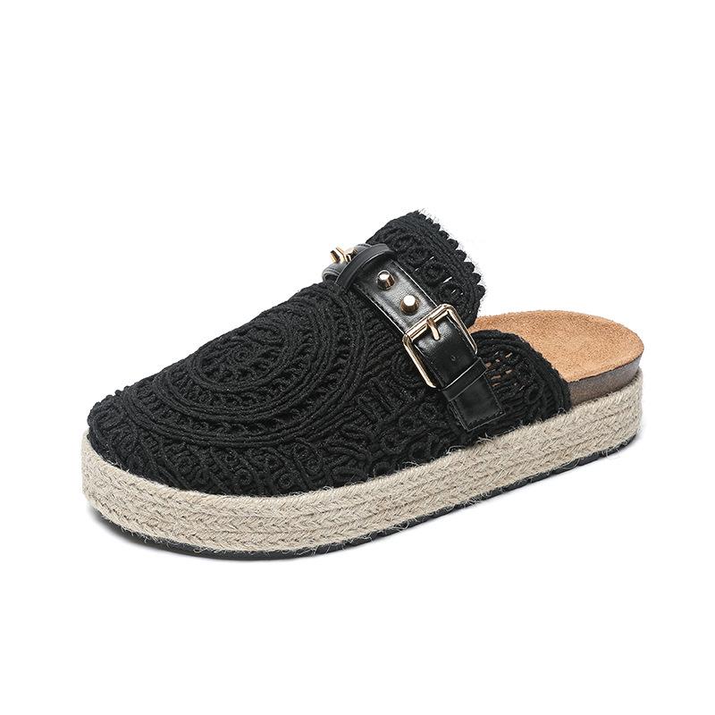Fashion Flat Shoes Female Slippers Women Summer Slides Fretwork Heels Loafers Cover Toe Fabric Rubber PU Scandals Cotton Round Slippers