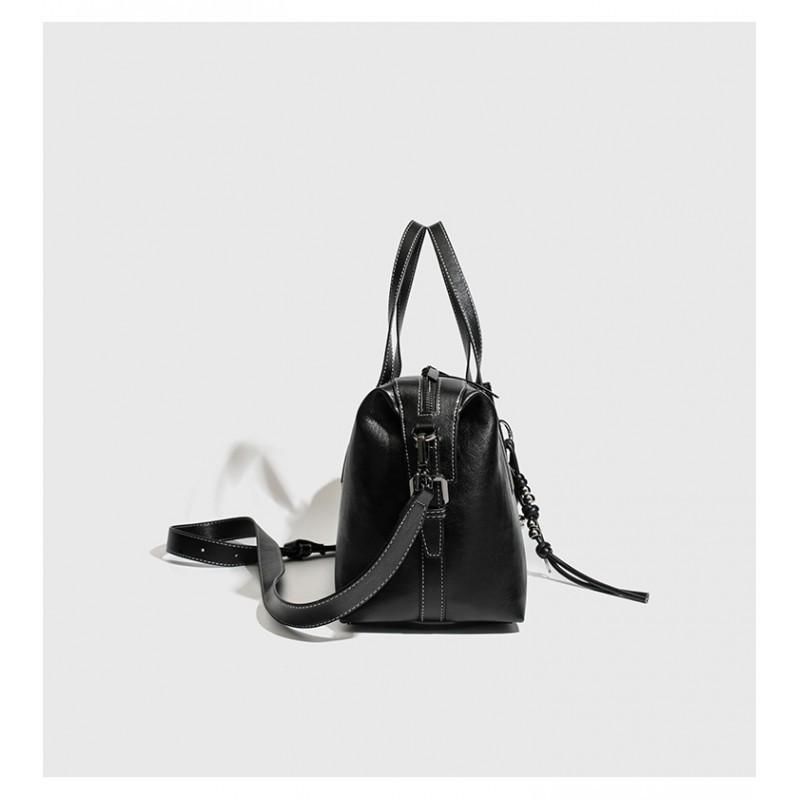 2026 New Retro Top-layer Cowhide Boston Bag Bowling Old Money Style High-end Cross-body Women's Large Capacity