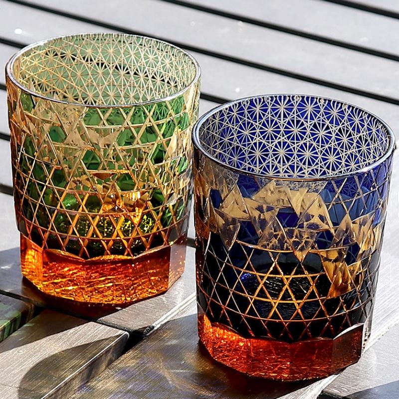 240ml Handmade Japanese Edo Kiriko Style Amber Whiskey Glass Tumbler for Home Bar Decor Rocks Bucket Cocktail Serving
