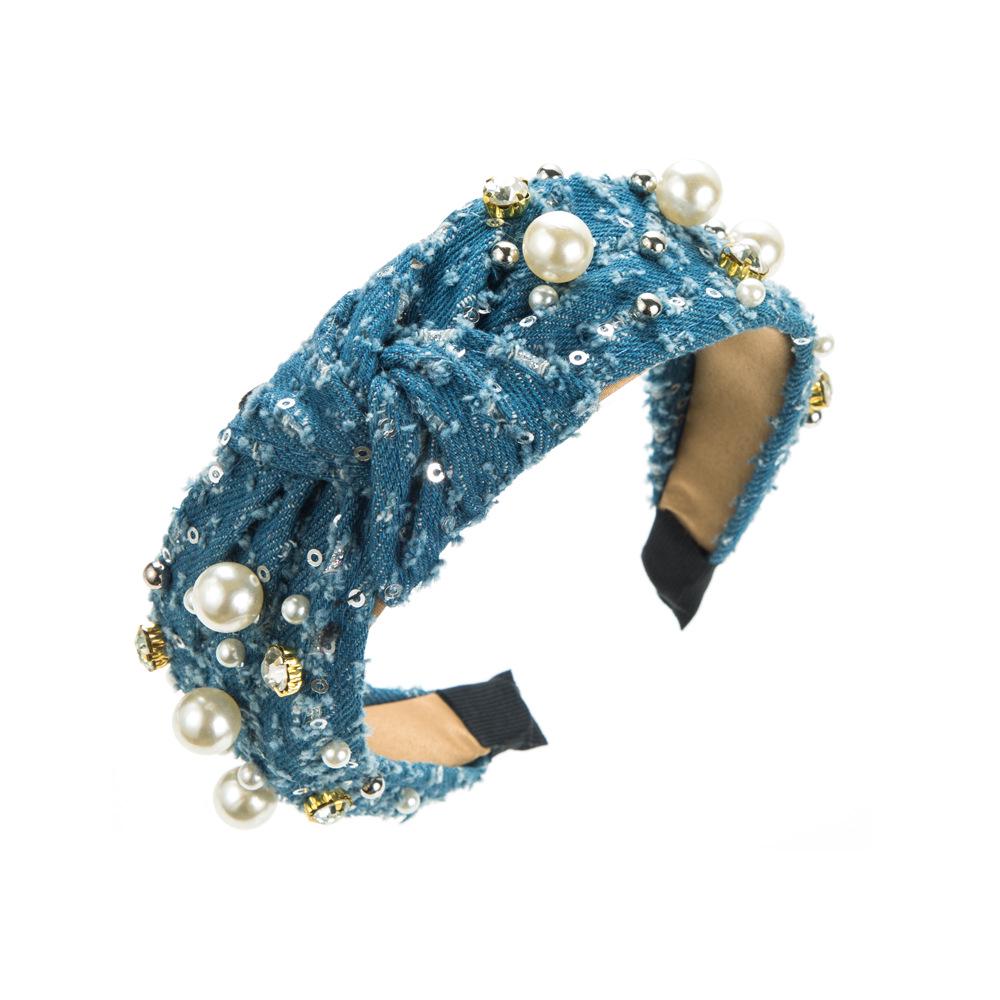 

European and American High-End Fashion Denim Headband with Pearls and Sequins for Women синій