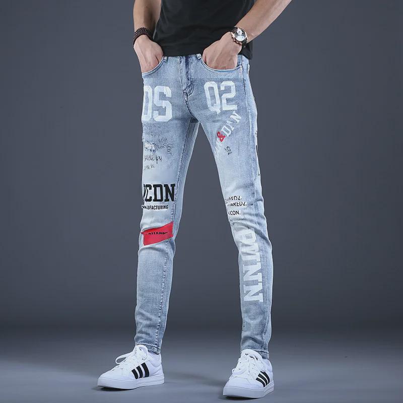 Pánské džíny slim fit: Trendy kalhoty v ležérním stylu s potiskem v korejském stylu pro jaro a podzim