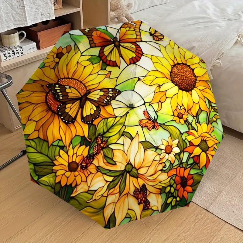 1pc Stained Glass Sunflowers Butterflies Umbrella with Plastic Handle,Suitable for All Seasons Home Travel Outdoor UmbrellaDD882