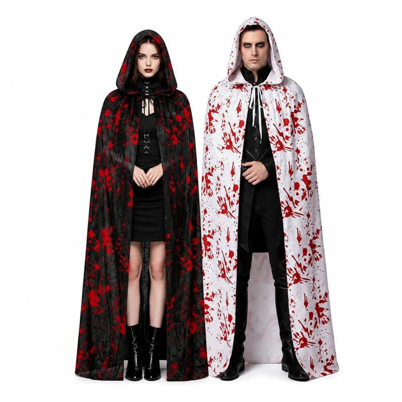 Halloween Blood Splatter Print Hooded Cape Scary Cosplay Black Lace Up Cloak For Adult Horror Themed Vampire Witch Role Play Set