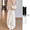 Women's Fleece-Lined Off-White Glutinous Rice Wide-Leg Pants, High-Waisted, Loose-Fit, Slimming, Petite, Autumn/Winter.