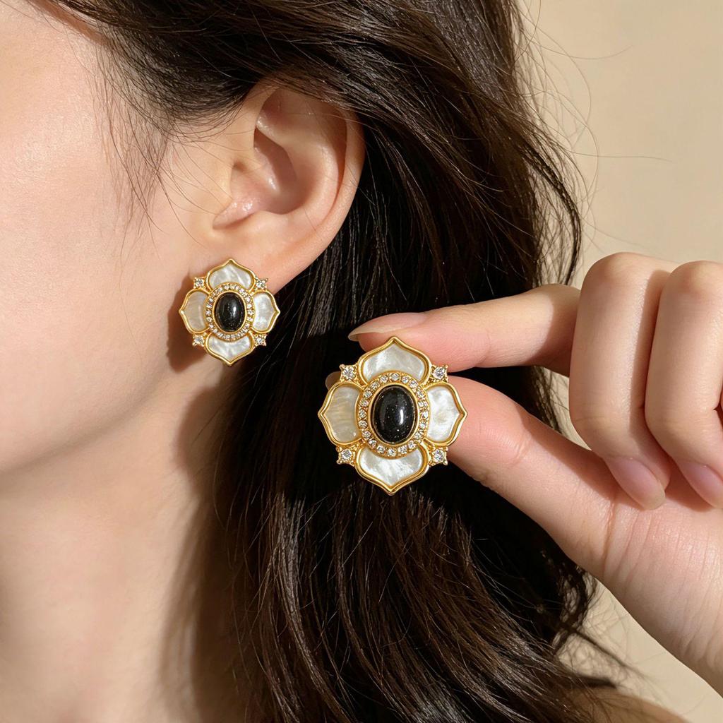 High-End French Retro Camellia Mother-of-Pearl Stud Earrings for Women