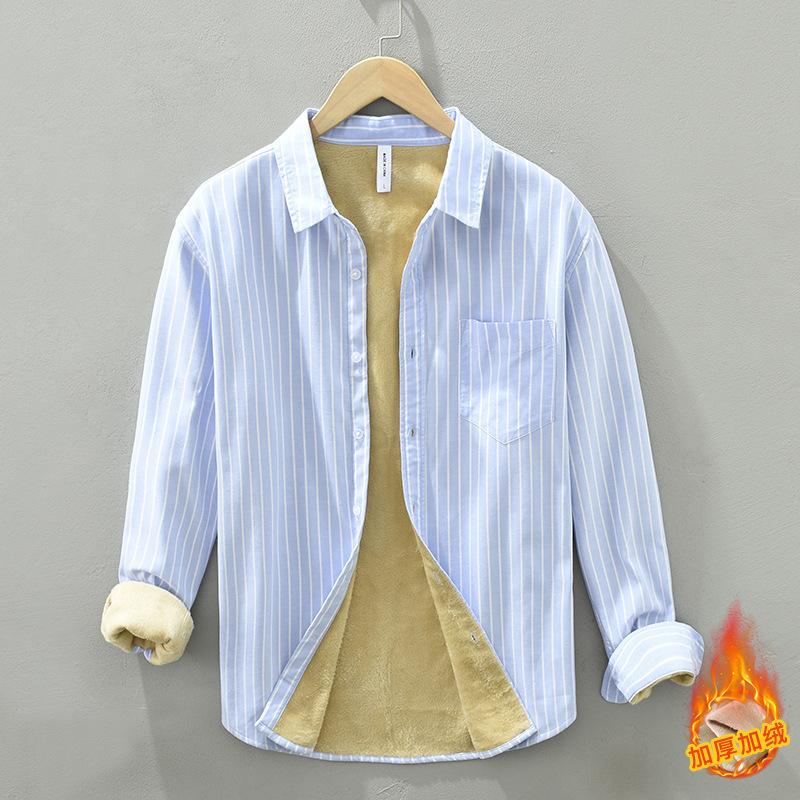 Winter Warm Men Tops Daily Casual Long Sleeve Striped Shirts for Men Pure Cotton Men Clothing Lapel Collar Fleece Shirt with Pocket