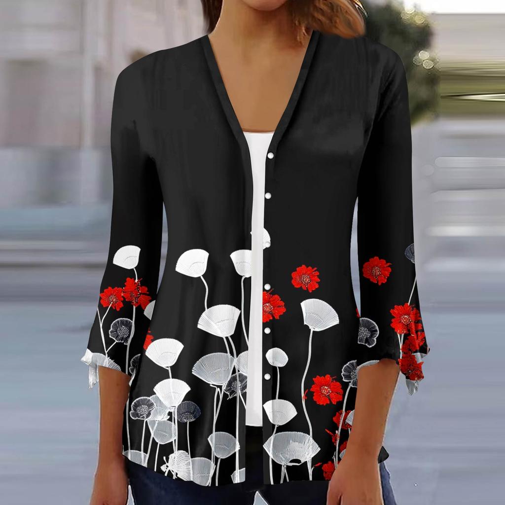 Women's Fashion Loose Casual Printed Seven-Part Sleeve Button Down Blouse Cardigan Top