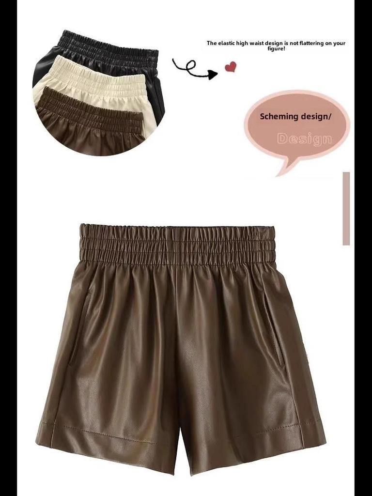 Autumn/Winter 2023 High Waist PU Leather Shorts: Slim, Wide-Leg, Korean Style, Casual Loose Fit with Outerwear Boots Compatibility.