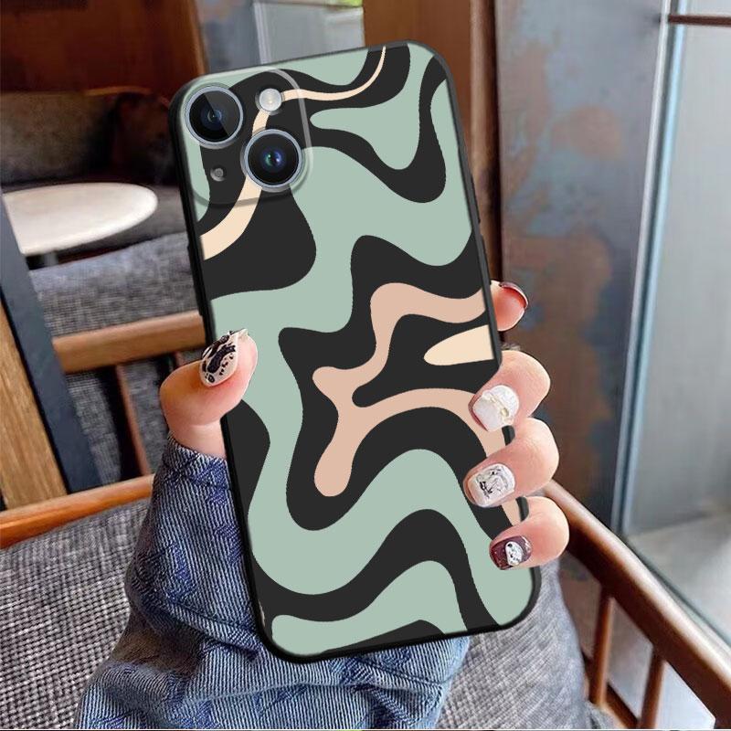 Phone Case for iPhone XR XS X 13 Mini SE 7 8 6S 11 Pro Max 12 14 Plus Swirl Abstract Pattern In Beige And Sage Coque Black