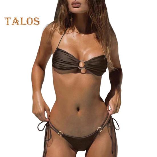 Dámské dvoudílné plavky Halter String Triangle Sada bikin Kovový kroužek Plisované plavky Výstřih Plážové oblečení na prázdninovou párty