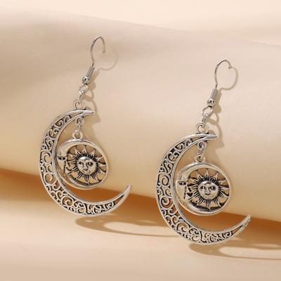 Bohemia Retro Sliver Color Hollowed-out Pattern Crescent Moon Stars Sun Flower Pendant Dangle Earrings for Women Jewelry Gifts