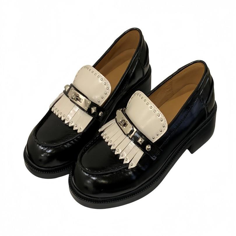 British style rivet platform small leather shoes women's fringed small gold buckle lazy loafers thick heel single shoes