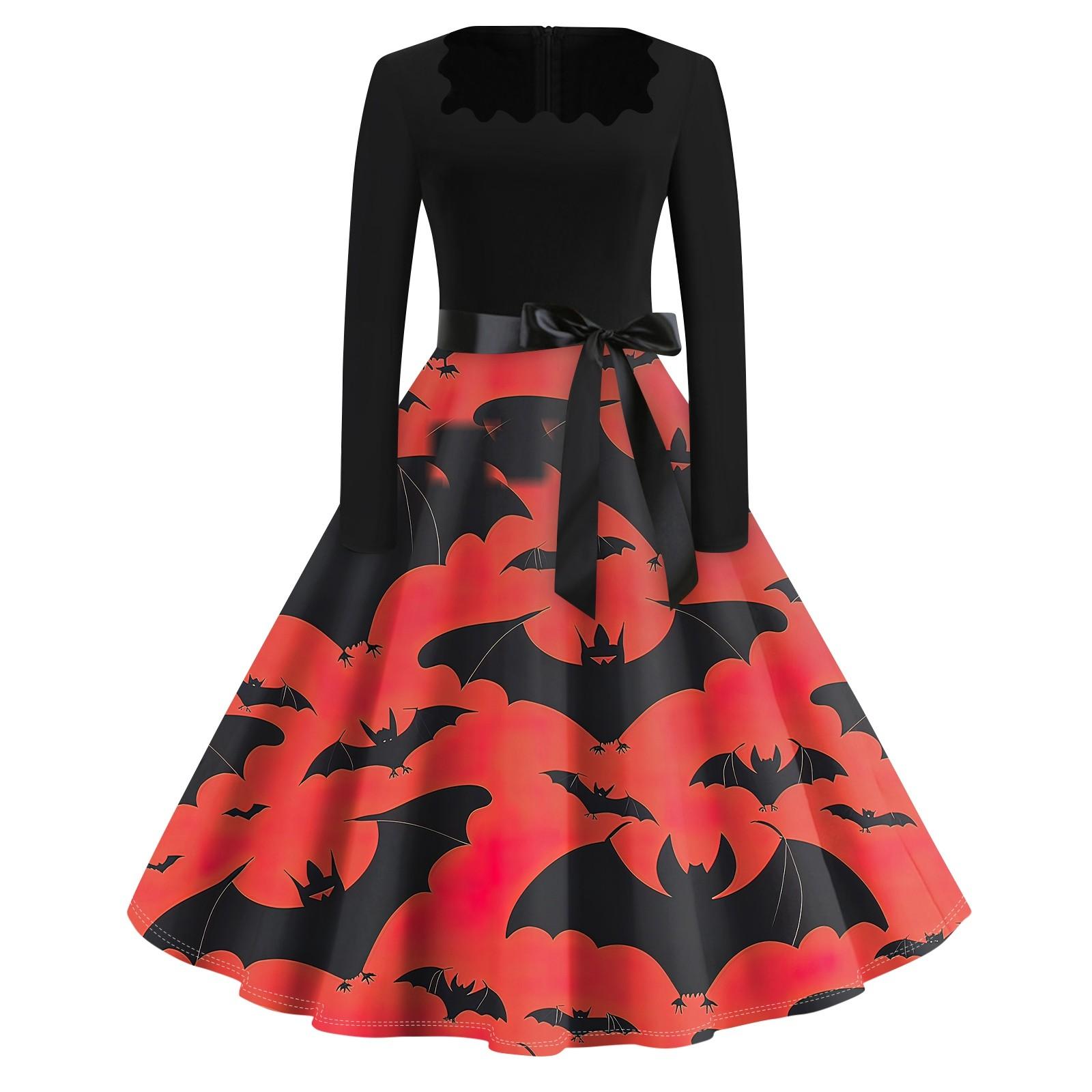 

Платье с расклешенным принтом на Хэллоуин для женщин, платье с длинным рукавом, полые вечерние повседневные платья S киноварь