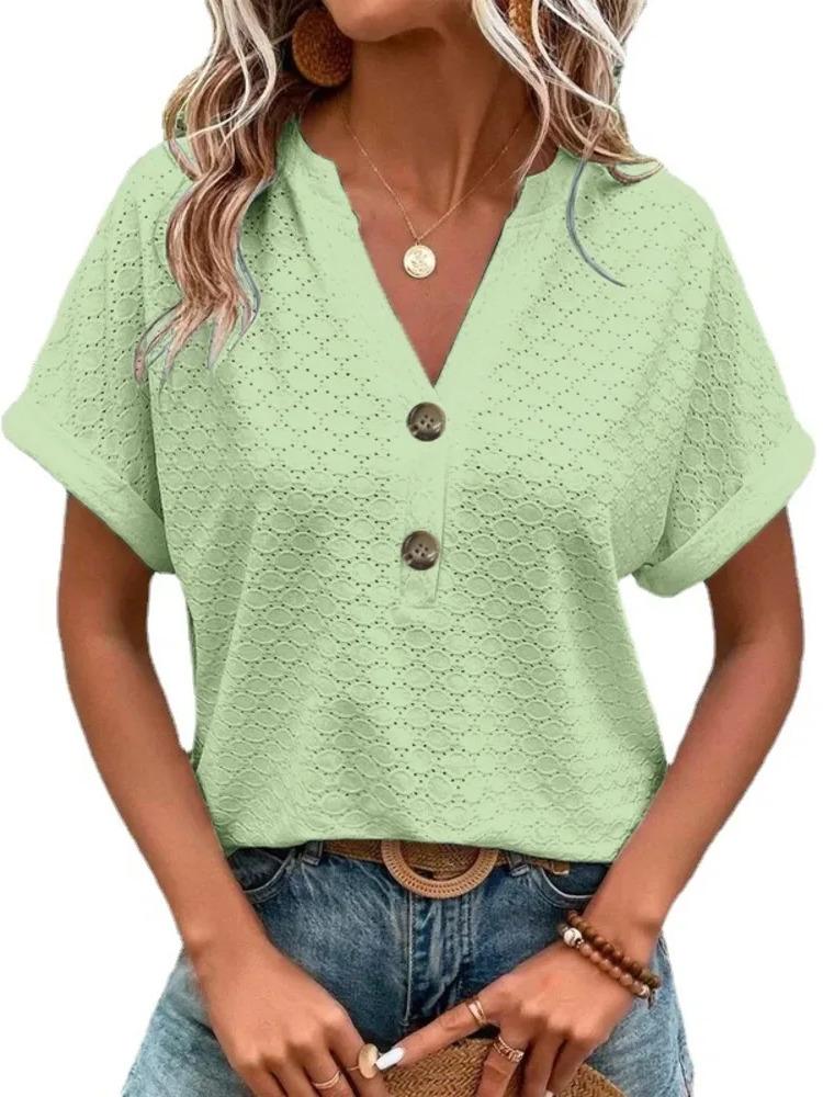 2025 Spring/Summer New Women's Fashion Casual Solid Button V-neck T-shirt for Women