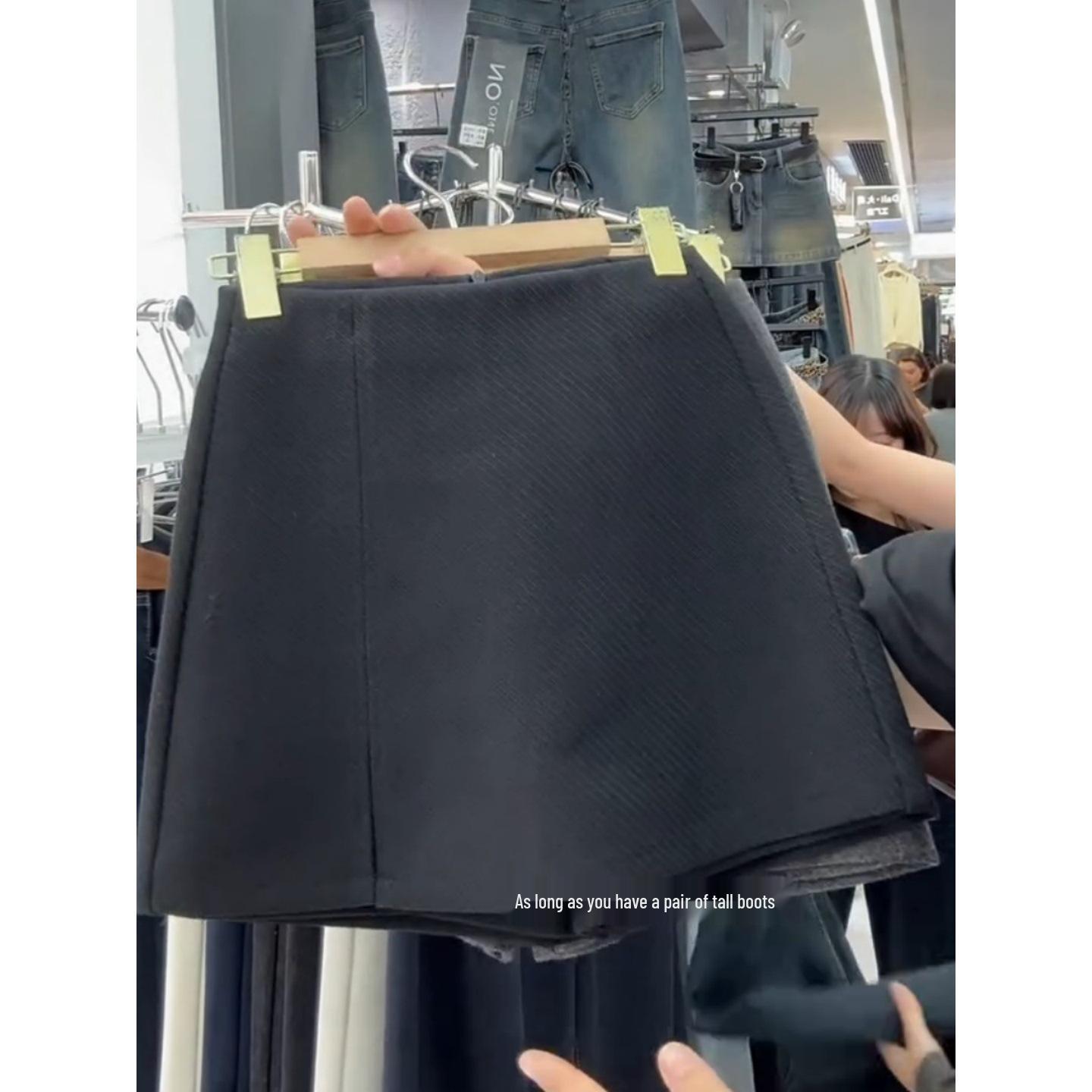 

Plus Size Gray Woolen Skirt Pants - High Waist, Slimming Slit, Short Length for Spring/Autumn S