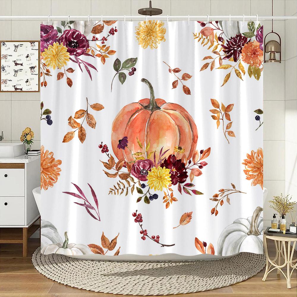 Höstlöv Pumpa Duschdraperi Thanksgiving Orange Pumpa Akvarell Eukalyptusblad Duschdraperier Badrumsdekor