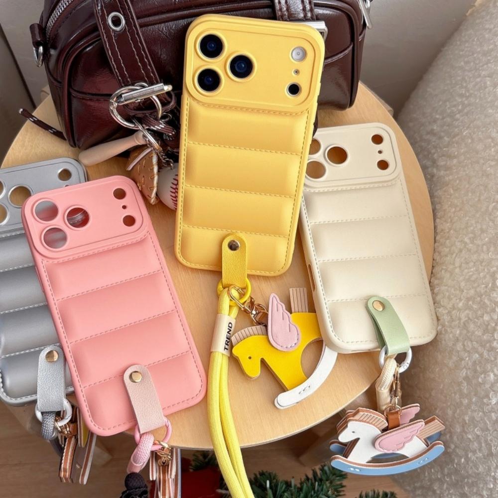 Cartoon Horse Down Jacket Hand Wrist Strap Case for For Iphone 17 16 1 Pro Max Air 14 Plus 13 12 11 X Xr Xs Lanyard Soft TPU Cover