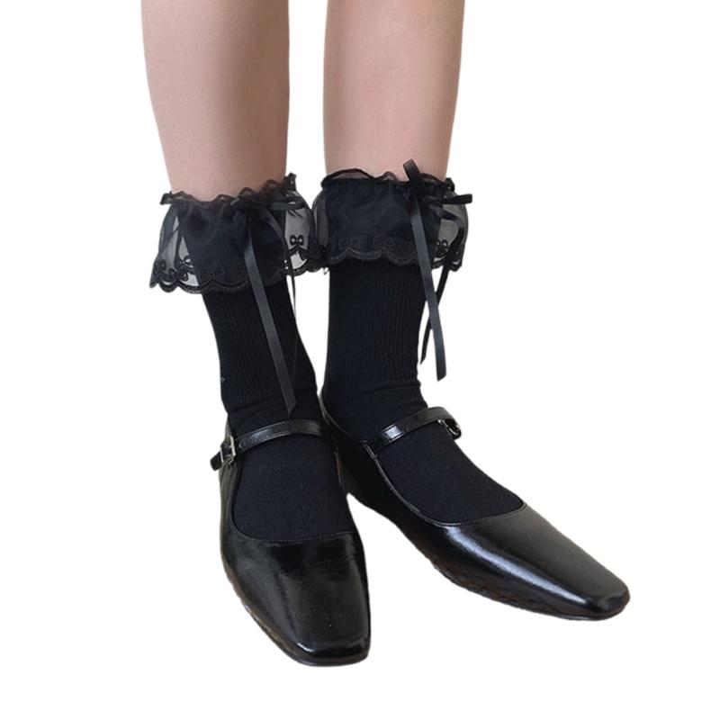 Fashionable Ruffle Mesh Splicing Ankle Socks with Bows Detail Breathable Elegant Solid Color Middle Tube Socks for Women