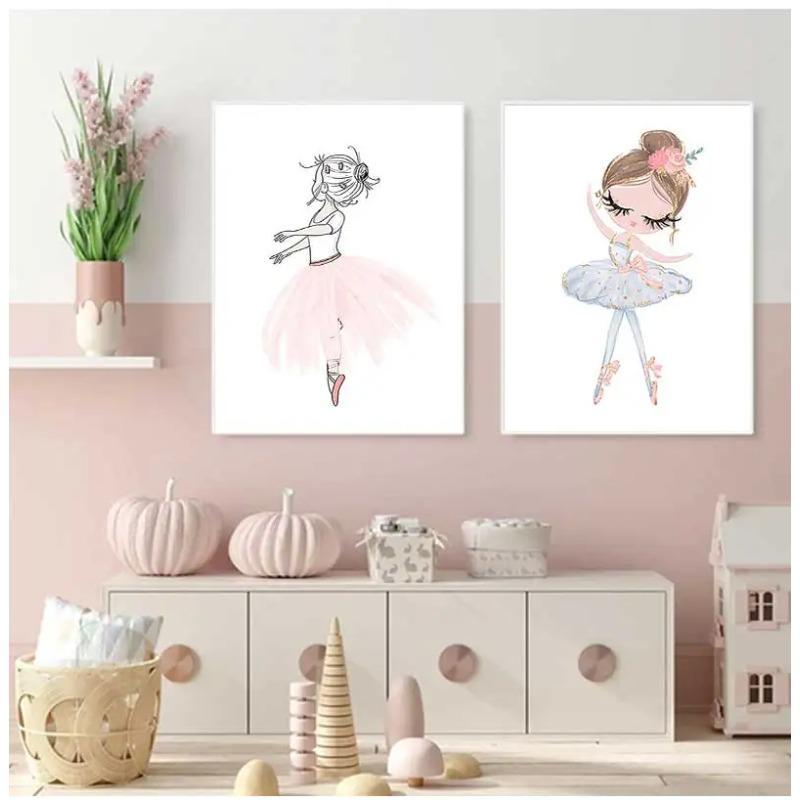 Art Canvas Painting Prints Ballet Girl Bedroom Picture Kids Room Poster Pink Rabbit Children Baby Decor Nursery Wall