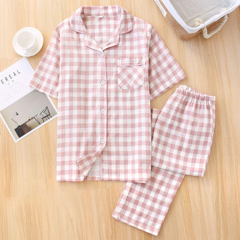 Spring and Autumn new double-layer gauze short-sleeved trousers set couple plaid shirt set loungewear straight hair
