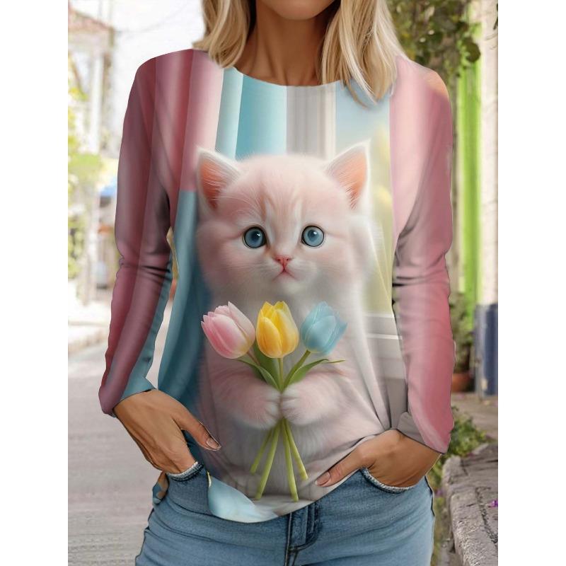 Maglietta da donna a maniche lunghe con gatto carino di Natale, girocollo, manica lunga, autunno, abbigliamento animale, moda festiva, maglietta da festa