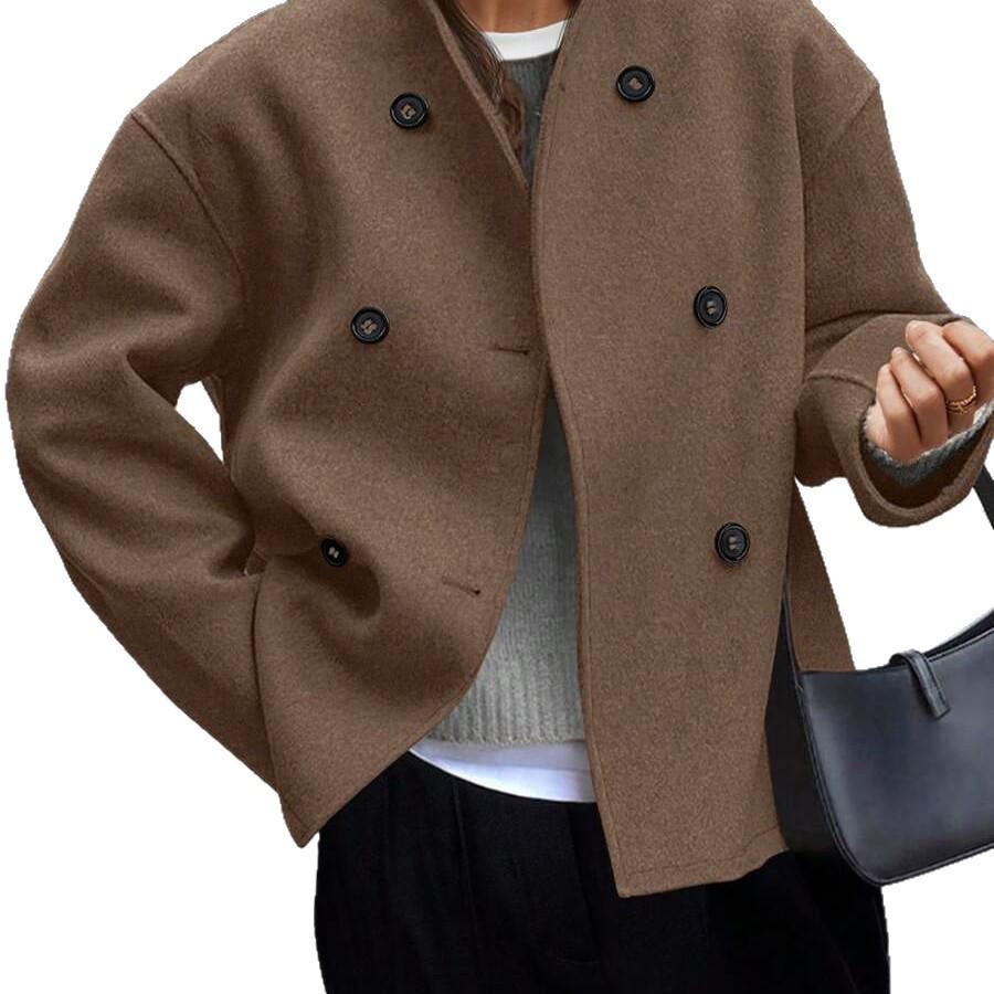 2025 Women's Double-Breasted Solid Wool Coat - Casual British Style