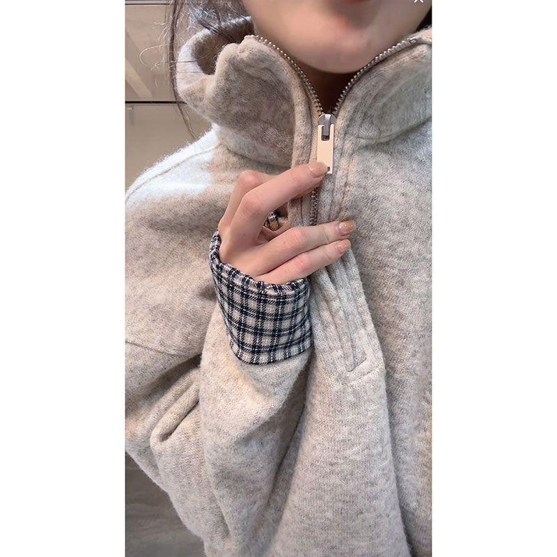 Stand-up Collar Velvet Half-zip Sweatshirt for Women Autumn and Winter New Thickened Warm Plaid Splicing Top