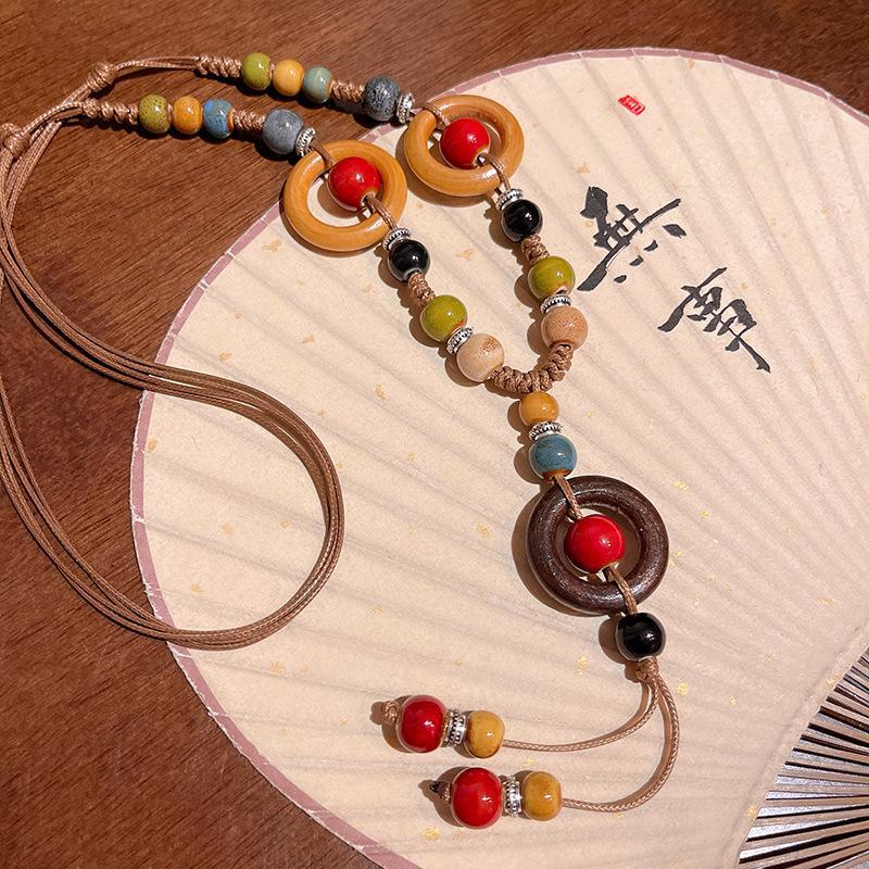 Bohemian Retro Porcelain Rope Necklace – Chinese Style Long Tassel Sweater Chain for Women
