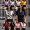 Frühling Europäisches und Amerikanisches Bequemes Lässiges Kurzarm-Oberteil Damen Polyester Spleißung Schwingender Kragen Temperament Pendlerhemd