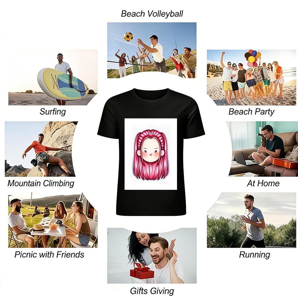 Cute Cool Pink Pigtail Cartoon Portrait Print Tshirt Casual Loose Top With Trendy Fun Pattern Pure cotton T-shirt