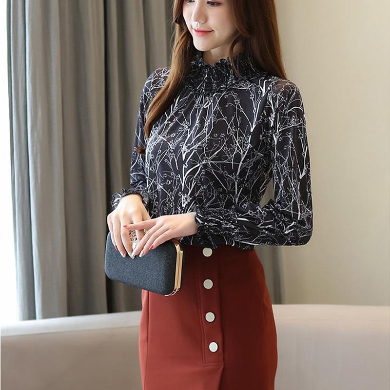 חולצת שיפון עם שרוול ארוך אופנה חולצות מזדמנות לנשים צווארון מעמד צווארון דק חולצה פרחונית אלגנטית בגדי נשים