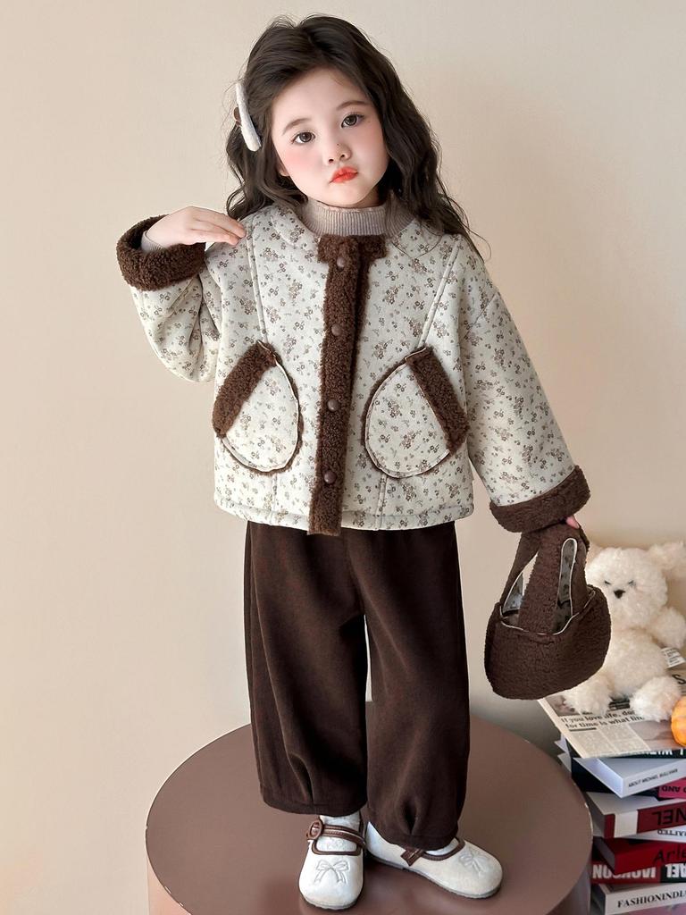 Girls' Fleece-Lined Fur Coat and Pants Set - Autumn/Winter Fashionable One-Piece Sweater Coat.