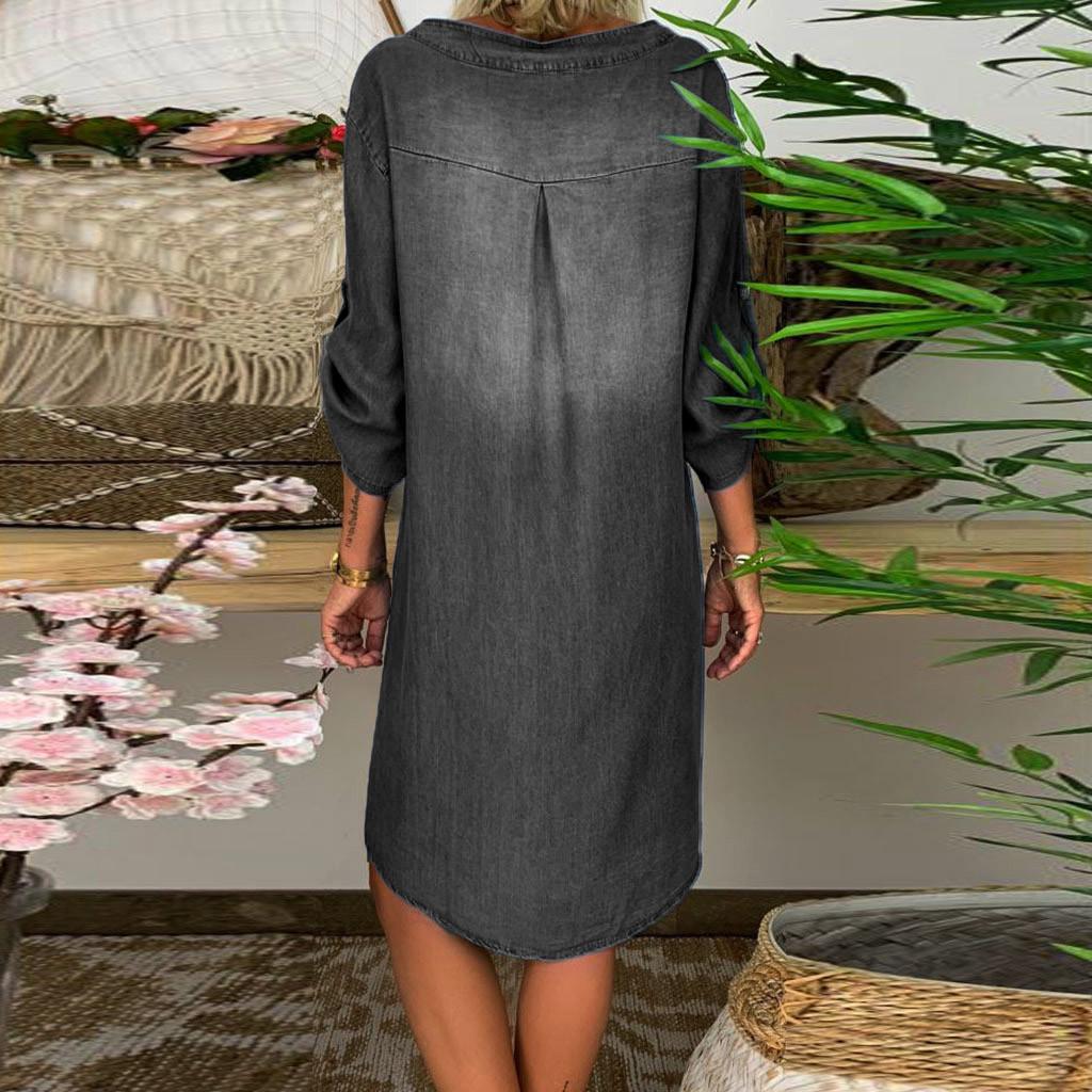 Women's Summer Casual V Neck Denim Long Party Dresses Short Sleeve Swing Dress