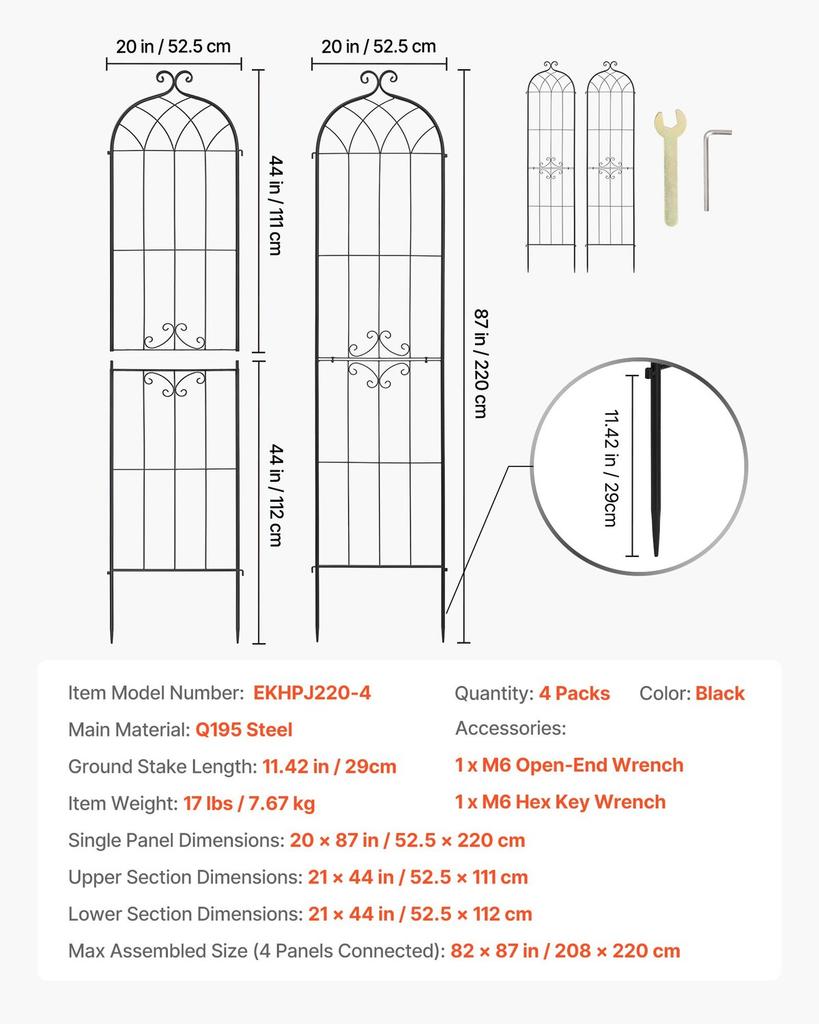 Garden Trellis, 220 X 52.5 Cm Rose Trellis, 4 Packs Garden Flower Rose Trellises with Powder-Coated Finish & Convenient Locking Design, Plant Support