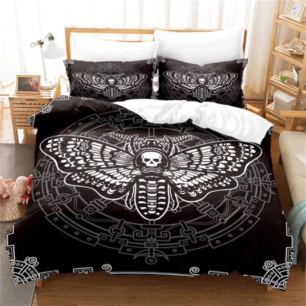 Death Moth Black Bedding Set, Gothic Bedding Set, Skull And Butterfly Cover, Luxury Home Bedding, 2pcs, 3pcs