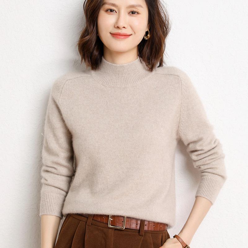 Women's Cashmere Saddle Shoulder Pullover - 2024 Autumn/Winter Thick Knit Half-High Neck Sweater