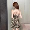 Elegant 8999 Low-Cut Spaghetti Strap Mesh Patchwork Waist-Hugging Swing Dress